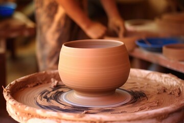 Fototapeta na wymiar clay pottery wheel with unfinished pot