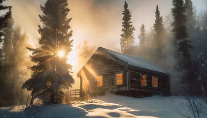 Wooden cabin on an ice cold day - obrazy, fototapety, plakaty