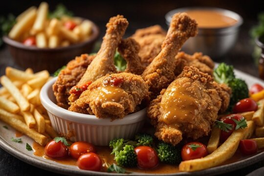 fried chicken legs with fries vegetables and  delicious sauce 