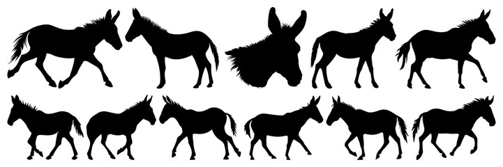 Donkey silhouettes set, large pack of vector silhouette design, isolated white background