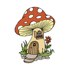 Mushroom house, cute magical character. Hand drawn illustration. Vector