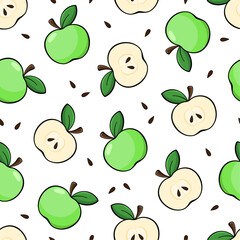 Apples vector seamless pattern. Green apples, cut slices and seeds on white background. Best for textile, wallpapers, home decoration, wrapping paper, package and your design.