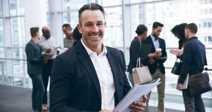 Smile, documents and a mature business man in an office for a workshop, seminar or convention. Portrait, paper or upskill development with a corporate manager in a professional workplace for training
