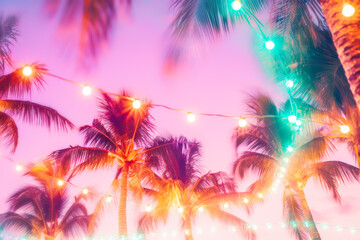 holiday background of tropical palm trees illuminated by vibrant string lights against sunset pink sky, evoking warm, festive and magical atmosphere of serene evening. Concept of resort and vacation