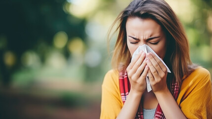 young woman with an allergy or cold sneezes and covers her face with a handkerchief on a color background, illness, sick girl, medicine, health, asthma, stuffy nose, virus, cough, treatment, soreness - obrazy, fototapety, plakaty