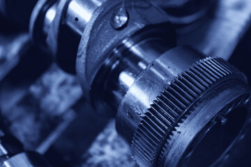 Fototapeta premium Closeup gear of disassembled truck automatic transmission part. Content for repair factory station for fix service