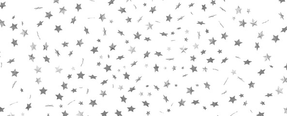 Abstract pattern of random falling silver stars on transparent background.