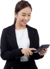 Portrait young asian businesswoman using calculator for calculate expense and budget for saving, business woman or manager calculate tax, business and finance concept.