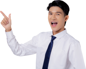 Portrait young asian business man pointing and presenting, advertising and marketing, executive and manager, businessman confident showing something with expression.