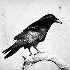 Fototapeta premium beautiful raven Corvus corax sitting on the branch North Poland Europe, old vintage filters - halloween 