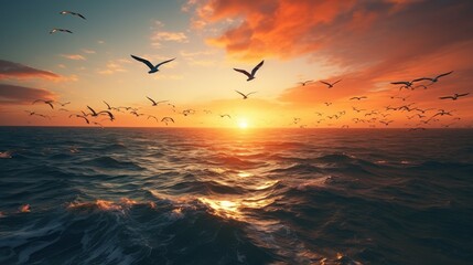 Flock of birds in bird formation flying above sea.Sunset. Digital composite
 - obrazy, fototapety, plakaty