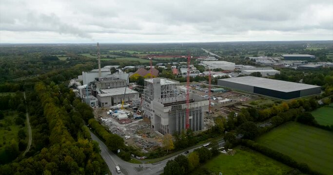 4k 60fps drone aerial footage of an construction site of a waste incineration plant
