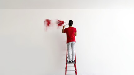 High angle view of young man painting with roller on red COVID-19 virus over white background
