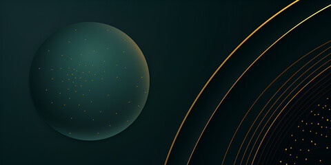 Abstract background with golden geometric lines gradient and circles on dark green background