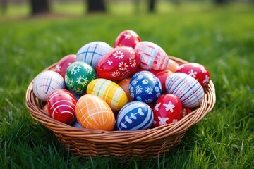 Fototapeta na wymiar wicker basket filled with painted easter eggs on grass
