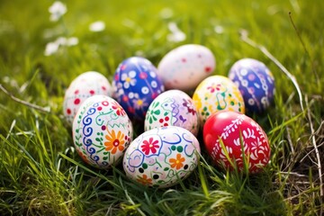 Fototapeta na wymiar hand-crafted easter eggs on grass