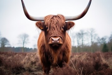 highland cow with long horns in the field - obrazy, fototapety, plakaty