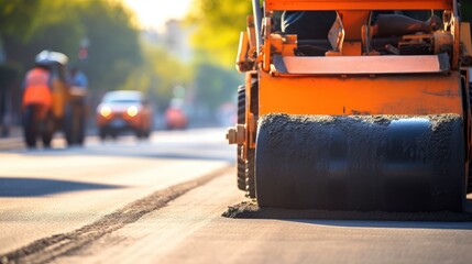 Side view of orange colored road roller going over fresh asphalt. There's edge of the road in background as well as piles of earth. Front lit.
