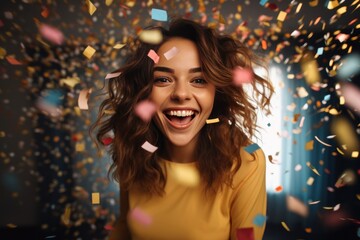 Attractive young woman celebrating birthday and having golden confetti. Happy holidays. Nightlife.