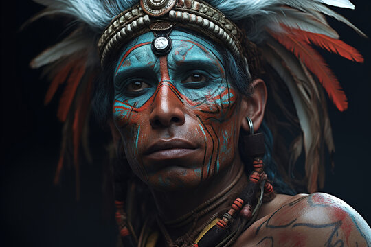 Old experienced man Indian indigenous to North America with traditional feathers on his head