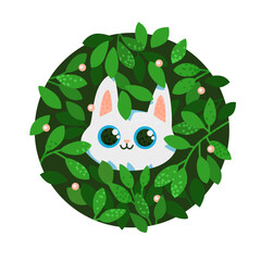 Cute cartoon white cat is playing hide in foliage.