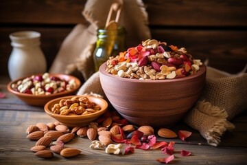assorted nuts in straw bowl on rustic table