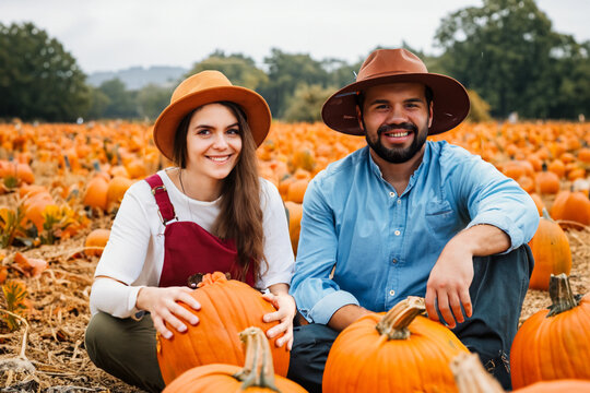 happy young couple, a guy and a girl are walking through a pumpkin field, a girl and a guy in hats are sitting on the field and holding pumpkins in their hands