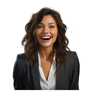 30 year old woman smiling at a joke, business attire isolated on transparent background