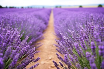 Obraz premium lavender field with rows of purple buds