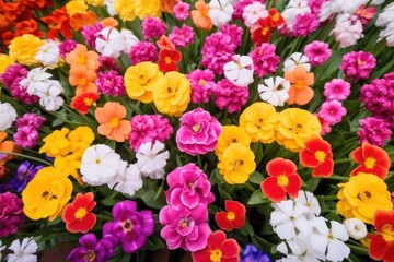 top-view of a flowerbed of tulips in various colors - obrazy, fototapety, plakaty