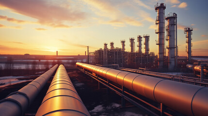 A large, thick pipeline carrying oil or gas stretches into the distance towards a large factory in the evening