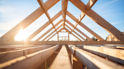 A wooden roof frame rafters on a building under construction, on a sunny day, without people - Powered by Adobe