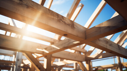 A wooden roof frame rafters on a building under construction, on a sunny day, without people