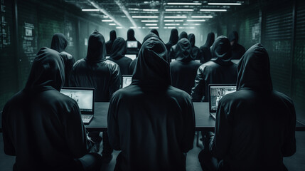 big army of hackers, who are working with laptops to perform various activities related to...
