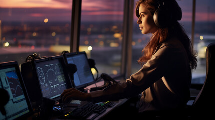 confident and pretty dispatcher works in the control tower and monitors the operation of the airport, in the evening, air traffic control - obrazy, fototapety, plakaty