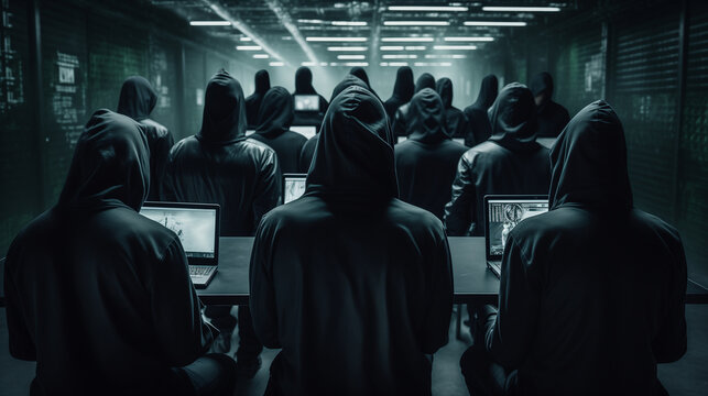 big army of hackers, who are working with laptops to perform various activities related to cyberattacks, espionage, or cybercrime