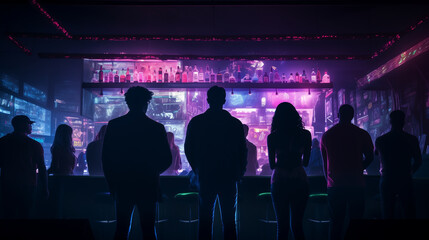 A throng of young people, both men and women, are having a good time in a bar, lit up by bright lights - obrazy, fototapety, plakaty