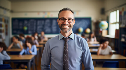 Fototapeta premium portrait of a kind male school teacher in a classroom, slight smile, candid