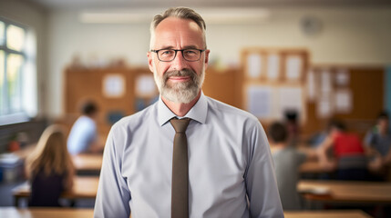 Fototapeta premium portrait of a kind male school teacher in a classroom, slight smile, candid