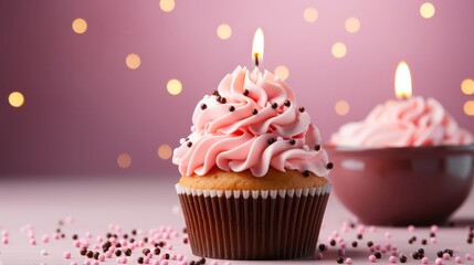 Birthday cupcake with a candle on a light pink. Generative AI.