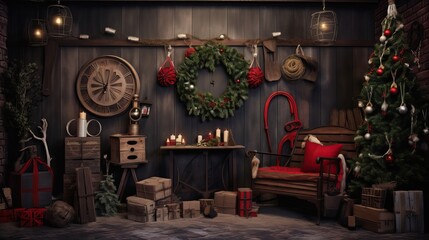Classical wooden style Christmas, New Year celebration background with wooden interior. Wooden chair, clock, beautiful green Christmas tree, candles and some red accents. Generative AI