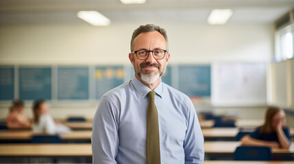 Obraz premium portrait of a kind male school teacher in a classroom, slight smile, candid