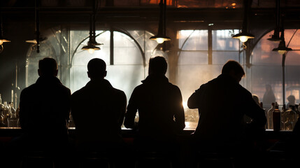 pub with silhouettes of drinking people, back view