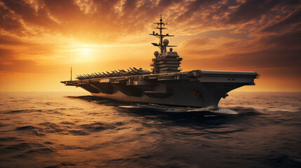 An aircraft carrier is on patrol in the sea, safeguarding global security