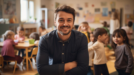 portrait of a kind male Montessori kindergarten teacher in a kindergarten with children, slight...