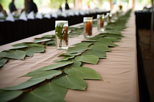 natural leaves with guest names on table