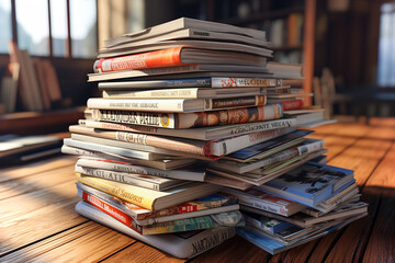 A stack of magazines sitting on top of a wooden table. - obrazy, fototapety, plakaty