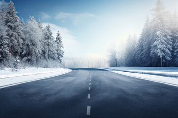 Fototapeta na wymiar Asphalt road going through the forest at winter