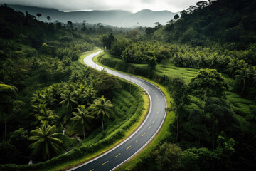 Asphalt road going through the rainforest