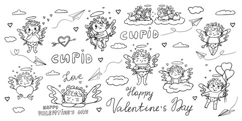 Big set of cute cupids with hearts and love letter, Cupid's arrow, love envelope. Cartoon cupids on the clouds. Great for Valentine's Day cards, posters, packaging and design. Hand drawn. Doodle style
